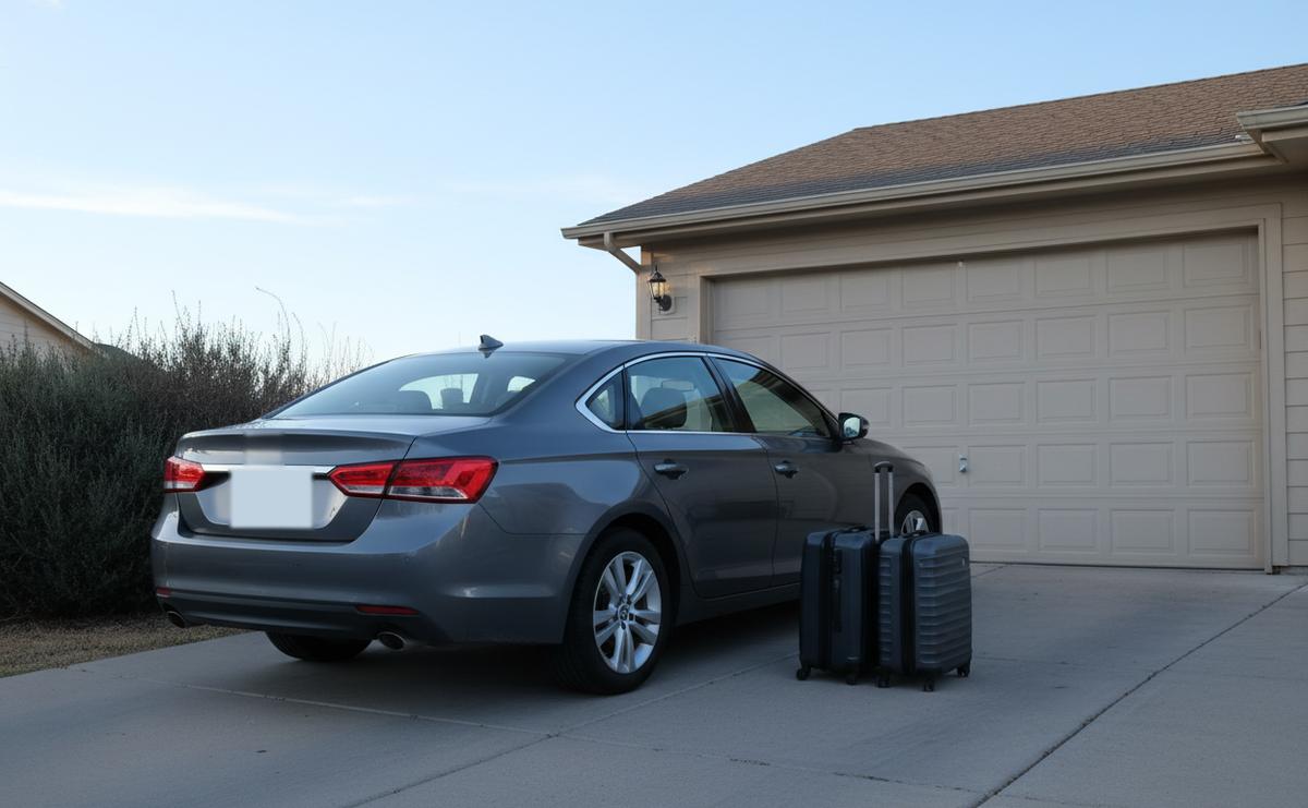 A dark gray sedan in a residential driveway seen from behind, two suitcases standing by its rear door