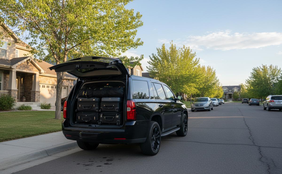 A black three-row SUV at a curb with its rear hatch open and four suitcases stacked inside