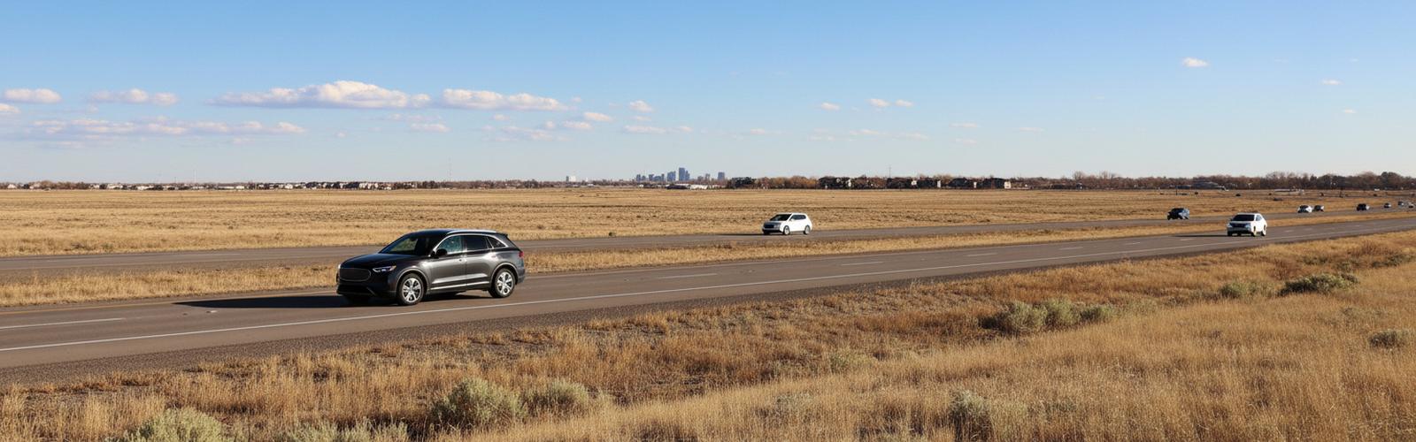 A dark SUV on a divided boulevard across dry prairie in afternoon light, the city low on the horizon