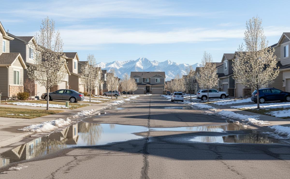 An Aurora street in April with patches of melting snow, puddles reflecting the sky and the snowy mountains on the horizon