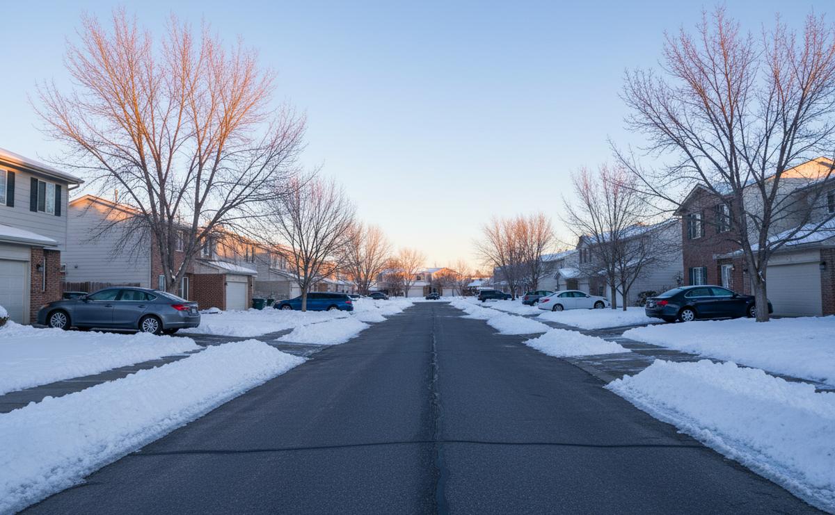 A snowy Aurora street just after sunrise in December, plowed snowbanks along the curbs and low pink light on bare trees