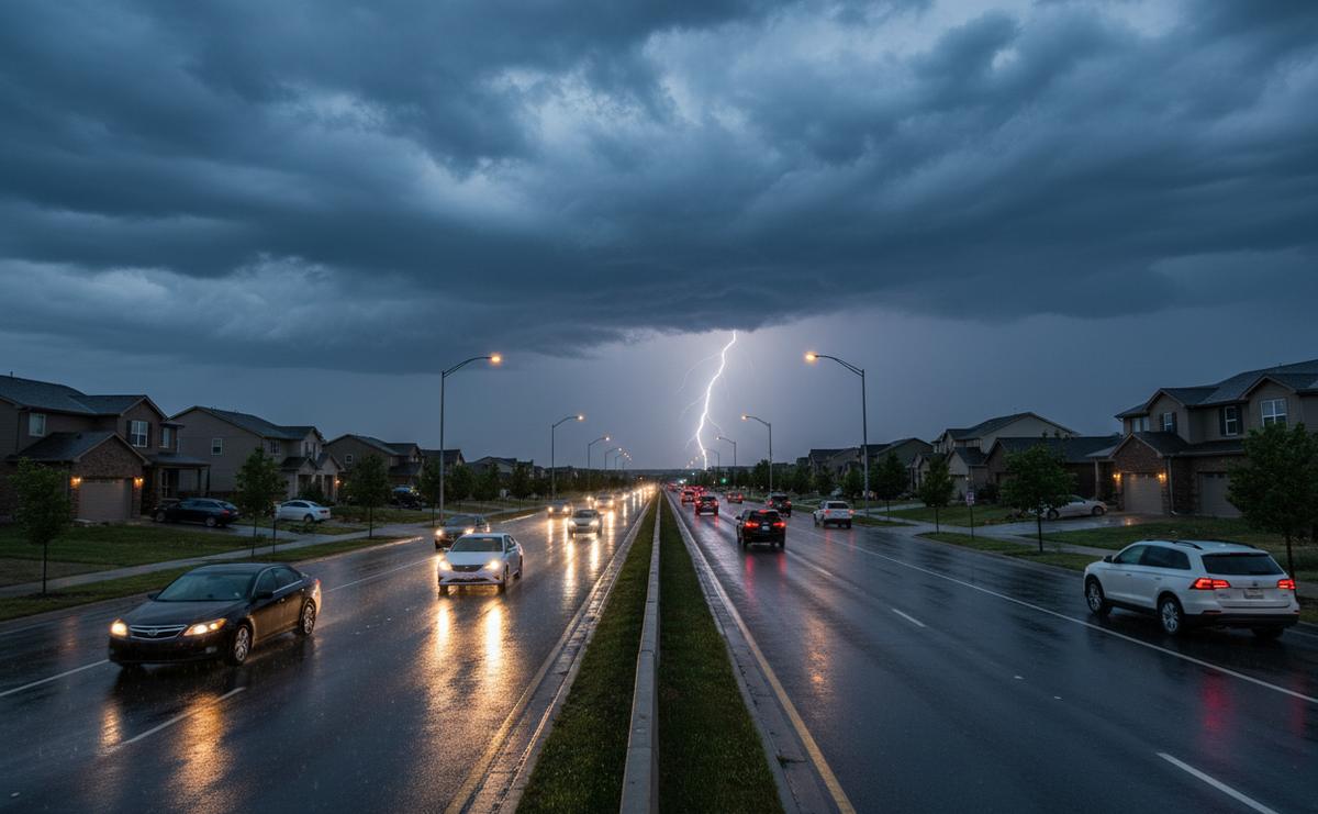 A wide Aurora road in a July evening thunderstorm, rain on the asphalt, headlights reflecting and lightning over the plains