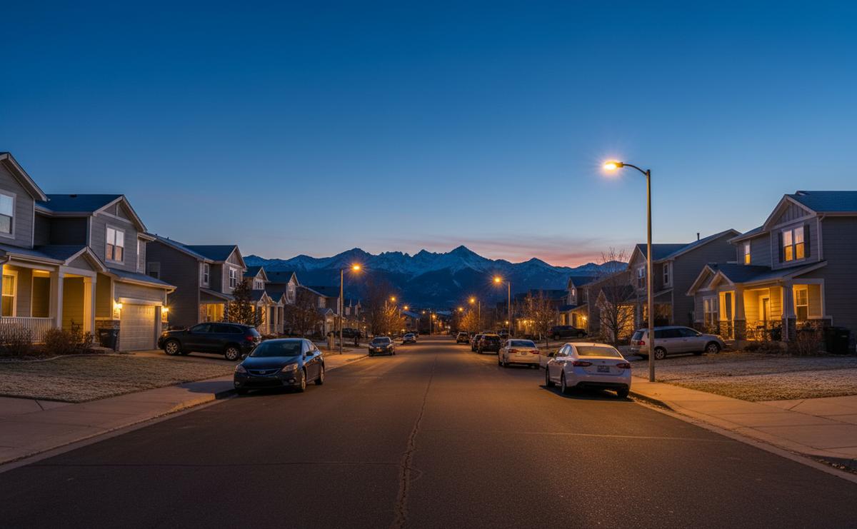 A residential Colorado street at dusk in November, street lamps just lit, a last glow over the mountains and frost on lawns