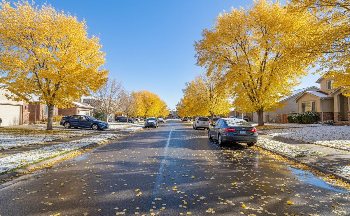 An Aurora street in October with yellow trees, fallen leaves on wet pavement and a light dusting of snow on the lawns
